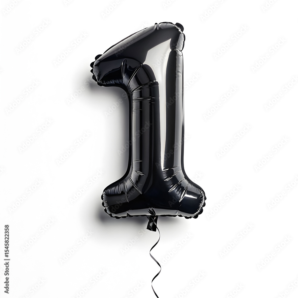 Fototapete a balloon shaped like the number 1,matte black metallic finish with realistic reflections and smooth
