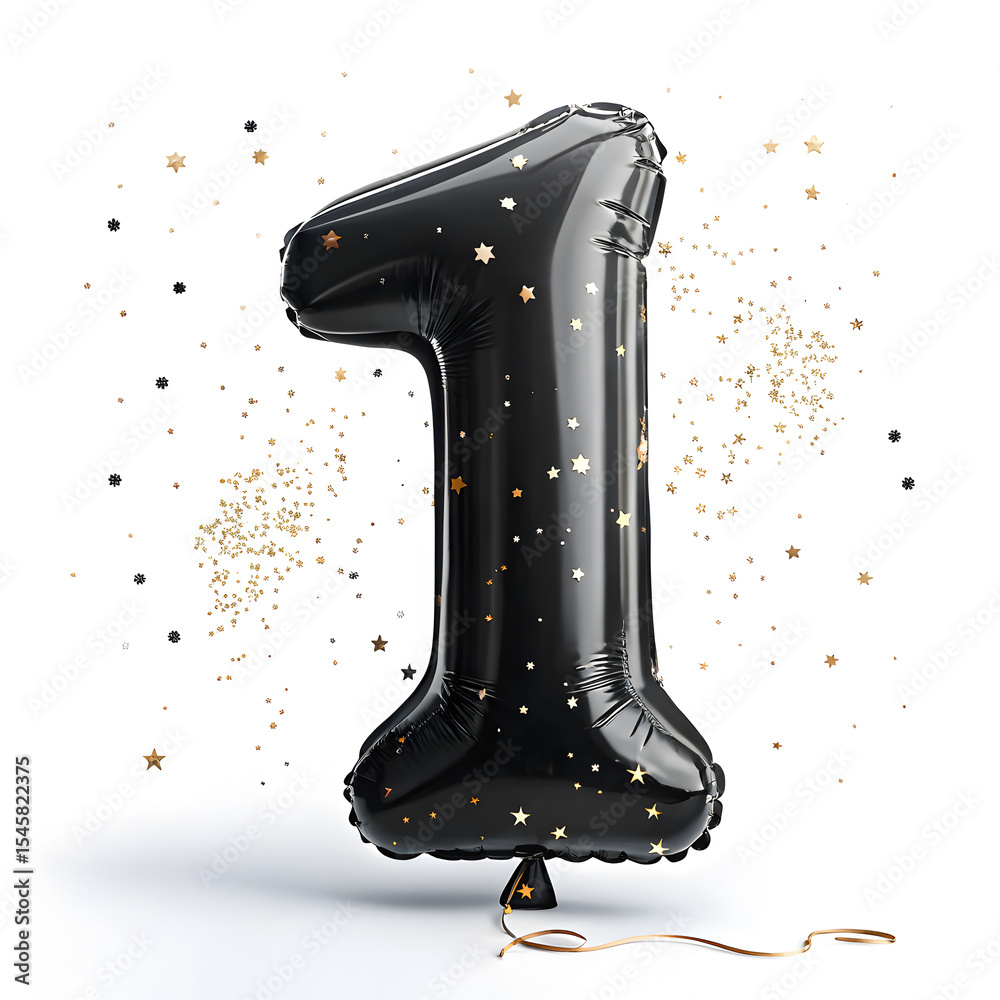 Fototapete a balloon shaped like the number 1,matte black metallic finish with realistic reflections and smooth