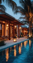 Twilight illuminates a luxurious beachfront villa's poolside patio, featuring warm lighting, wooden architecture, and lush tropical foliage