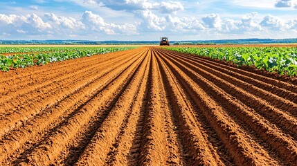 a tilled soil field freshly plowed in preparation for planting, soft earth textures captured in crisp detail, tractor lines forming strong leading lines, flat open land under cloudy skies, deep
