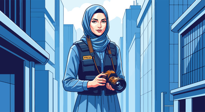 Adobe illustrator artwork vector illustration of a confident female photographer wearing a hijab and vest, holding a camera in a city skyline, symbolizing creativity and modern professionalism