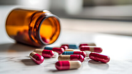 Close-up of colorful pills scattered around medicine bottle on white marble surface, healthcare and medical treatment concept, pharmaceutical and wellness industry theme.