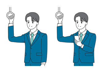 電車に乗るスーツ姿の若い男性のイラストセット