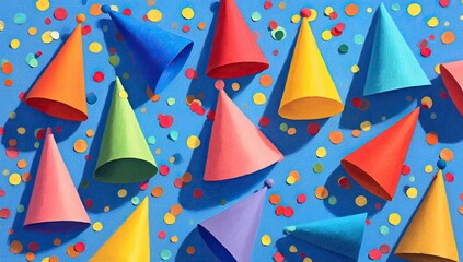 Colorful party hats and confetti scattered on a vibrant blue background, cast with playful shadows