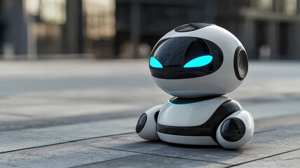 Fototapeta premium A small, futuristic white and black robot with glowing blue eyes sits on a paved surface in an urban setting, AI network workplace