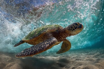 Obraz premium Sea Turtle Swimming Underwater Near Sandy Bottom