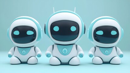 Fototapeta premium Three cute, futuristic robots with round heads and blue accents stand side by side against a light blue background, AI network workplace