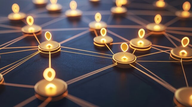 Lit candles connected by glowing lines form a network, symbolizing connectivity, communication, and unity in a dark environment, AI network workplace