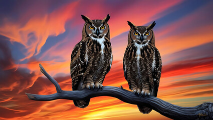 Two majestic owls perched on branch at sunset

