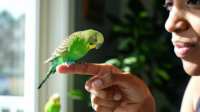 Woman smiling at green parakeet perched on her finger in a brightly lit room