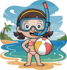 Summer Fun on the Beach A cheerful young girl, sporting a snorkeling mask and holding a beach ball