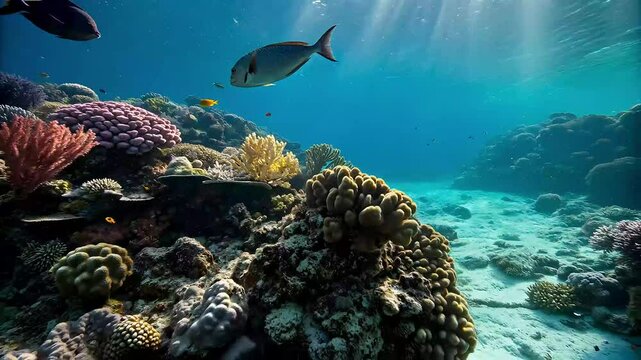 Pez nadando gracefully over a coral reef, sunlight filtering through the water in golden beams as marine life flutters around, Camera rotates around the character