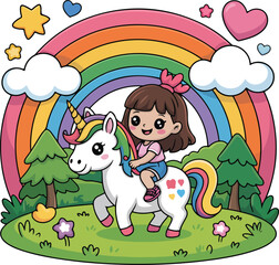 Obraz premium Unicorn Ride in a Magical Wonderland A charming cartoon depicts a little girl riding a majestic unicorn