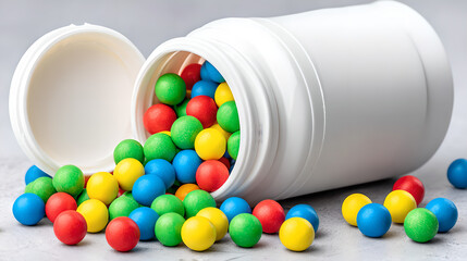Close-up of colorful pills scattered around medicine bottle on white marble surface, healthcare and medical treatment concept, pharmaceutical and wellness industry theme.