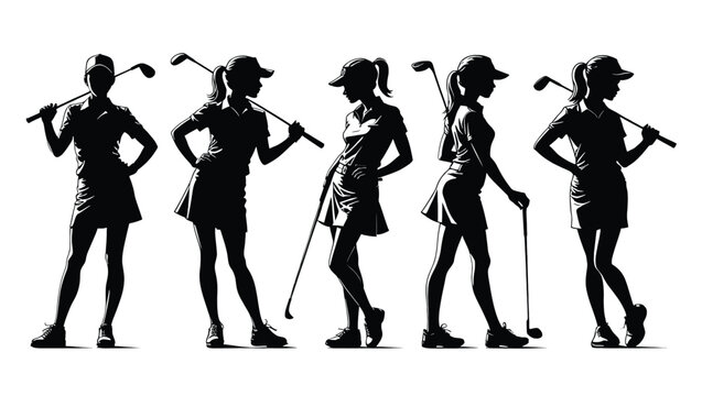 Silhouette Collection Five Elegant Female Golfers Poses, Vector Illustration, Sporty Women, Golfing Ladies, Athletic Figures