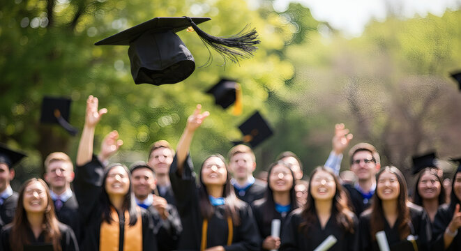 Joyful Graduates Toss Caps Outdoors Celebrating Academic Achievement at Commencement Ceremony - Powered by Adobe