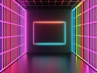 A futuristic room with glowing neon lights forming grids and a bright rectangular frame on the back wall, reflecting vibrant colors on the polished floor.
