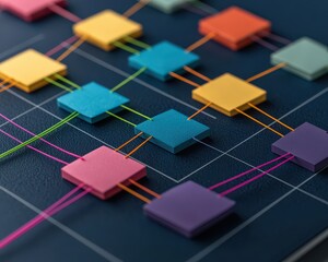 Colorful interconnected blocks on a dark grid represent a digital network or data flow concept.