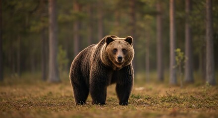 Fototapeta premium Majestic Brown Bear Stares Intently in Forest Clearing, Finland, Europe