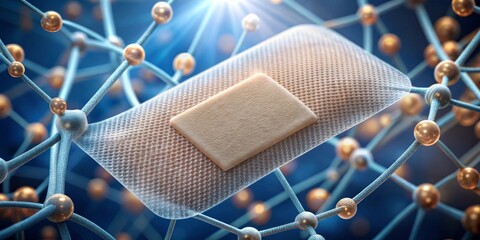 Advanced adhesive bandage technology, a microscopic view of its innovative structure and design, showcasing its potential for effective wound care and tissue regeneration