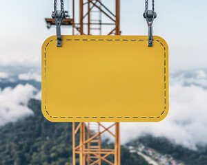 A yellow rectangular sign with dashed border hangs by metal clips from a construction crane against a cloudy sky and forested mountain backdrop.