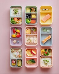 Top View Japanese Lunch Set, Top View Food Photography of Japanese Bento, Minimalist Japanese Bento Boxes, Japanese Bento with Pastel Color Palette.