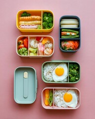 Top View Japanese Lunch Set, Top View Food Photography of Japanese Bento, Minimalist Japanese Bento Boxes, Japanese Bento with Pastel Color Palette.