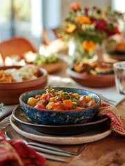 Table set for a meal with a variety of dishes. in the center of the table, there is a blue bowl filled with a colorful dish.