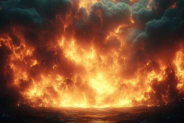 Fiery explosion over dark water intense fire and smoke digital illustration