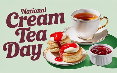 National Cream Tea Day, Elegant tea cup served beside fresh creamy scones and jam.