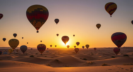 Naklejka premium Majestic Hot Air Balloons Soaring Over Desert Dunes at Sunrise