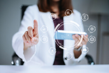 AI Artificial Intelligence. Business woman using AI technology for data analysis, coding computer...