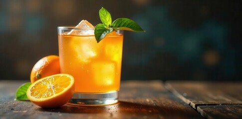 Orange liqueur in glass, ice, citrus, wood background, background, aperol spritz
