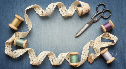 Vintage sewing scene with lace ribbon wooden spools and scissors