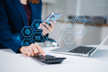 Business hand analyzing sales data and economic growth and pointing at business report document...