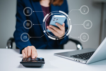 Business hand analyzing sales data and economic growth and pointing at business report document with icon