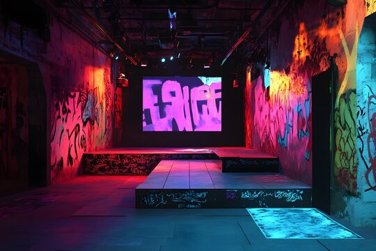 Atmospheric urban stage with vibrant graffiti art and bright neon lighting creates an immersive artistic and alternative performance space. - Powered by Adobe