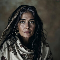 Portrait of a mature woman with gray hair wearing a floral shawl