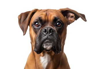 Obraz premium Brown boxer dog with curious expression on white background 