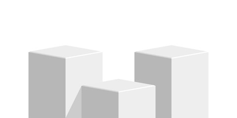 Three White cube block podium stage pedestal and platform vector, a minimalist display element. Ideal for product showcases, presentations, awards, exhibitions, and modern design.