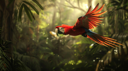 scarlet macaw in its flight