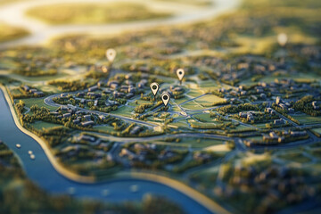 Aerial view of a city model with location markers showing points of interest roads and a river