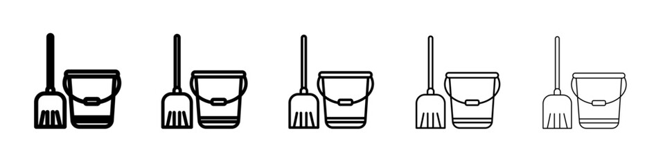 besom with stick and pail icon thin outline logo mark set