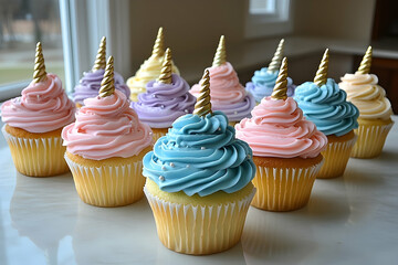 Pastel unicorn cupcakes with gold horns festive treats