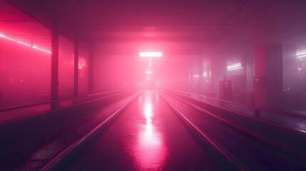 Foggy tunnel with pink neon lights abstract background