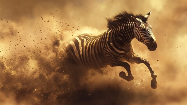 Wild zebra galloping through the plains, dust trailing behind
