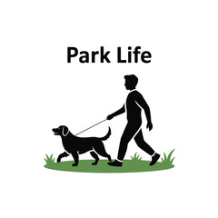 Naklejka premium Man Walking Dog in Park Black Silhouette Green Grass 1