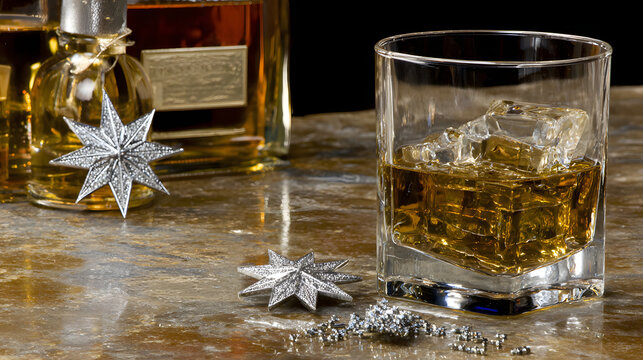 sparkling glass of whiskey with floating wishbones and tiny stars