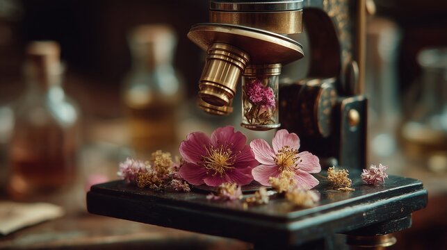 Vintage microscope with tiny exotic flowers visible in lens, scientific botany