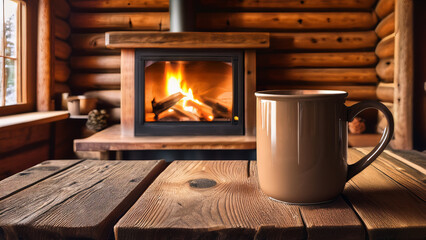 Place the mug on an aged wooden table inside a rustic log cabin, with a fireplace in the background and warm sunlight entering through a wooden-framed window.

